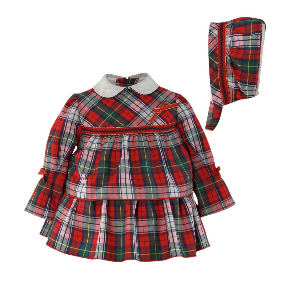 Holiday Checkered Baby Dress with Bonnet Set 12M Girls